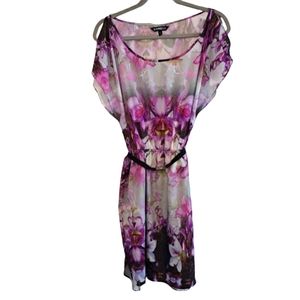 Express Purple Floral watercolor Belted Midi Dress With Pockets Size Large